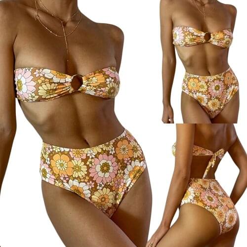 Two Piece Floral Strapless Swimwear Womens Sexy Bikini Suits Fashion Flower Bandage Tube Tops Stretch High Waist Thong Swimwear