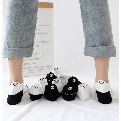 Kawaii Black White Stripes Embroidery Panda Short Socks Women Cartoon Animal Casual Cotton Socks Happy Funny Boat Sox Unisex