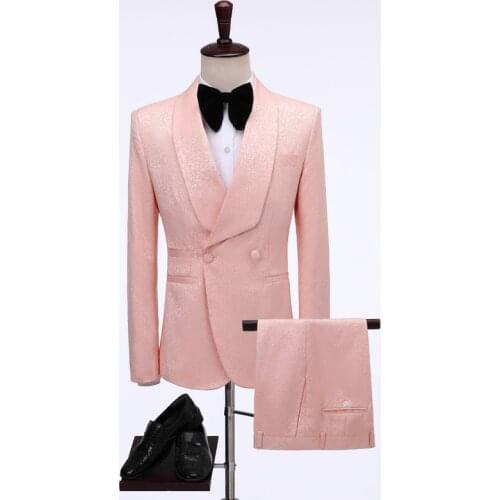 2020 New Brand Peach Shawl Lapel Men Suits Double Breasted Groom Smoking Prom Best Man Blazer Slim Fit Men Wedding Suits Tuxedo