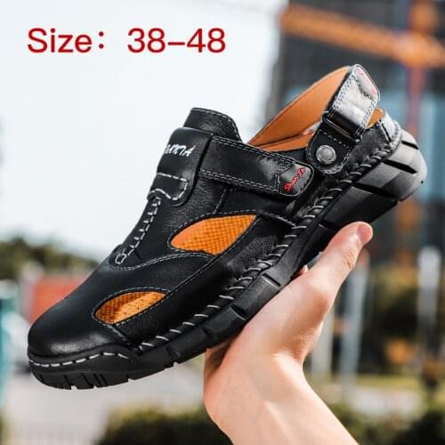 Genuine Leather Sandals Men Hollow Out Breathable Summer Mens Casual Shoes Soft Bottom Slip-on Outdoor Sandals Big Size 38-48