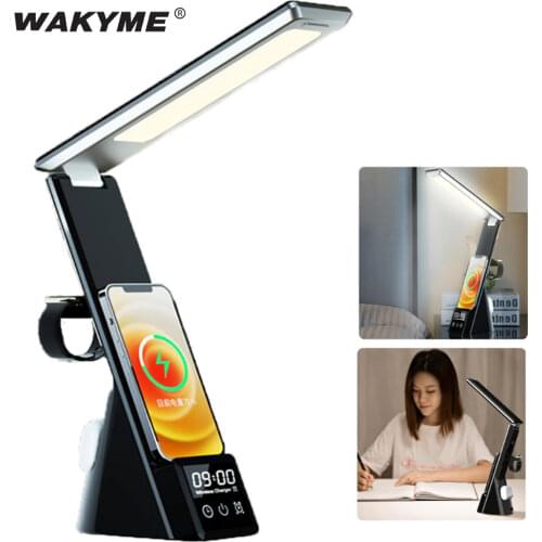 LED Desk Lamp 3 in 1 Multifunctional Table Lamp 3 Dimable Level Fast Qi Wireless Charger Indoor Folding Reading Light With Clock