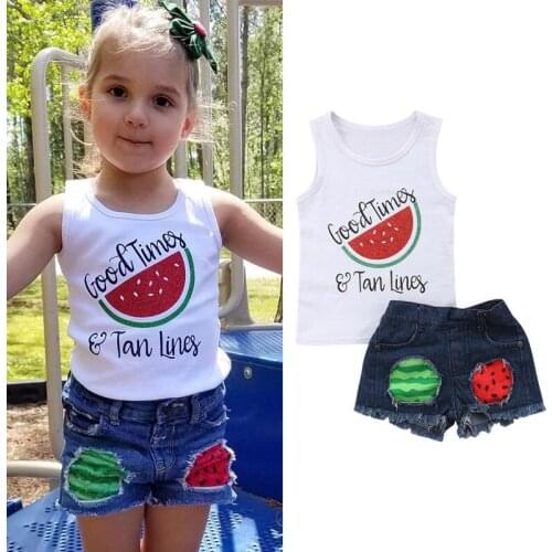 1-6Y Summer Lovely Pretty Toddler Baby Girls Sets 2PCS Watermelon Letter Print White Vest Tops Blue Shorts Clothes Sets