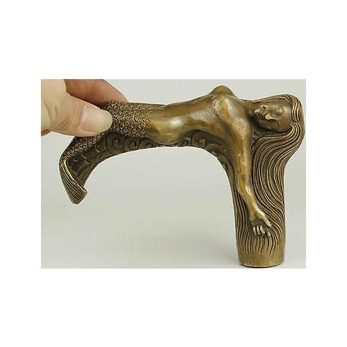 Old Handmade Carving Bronze Mermaid Statue Cane Head Walking Stick