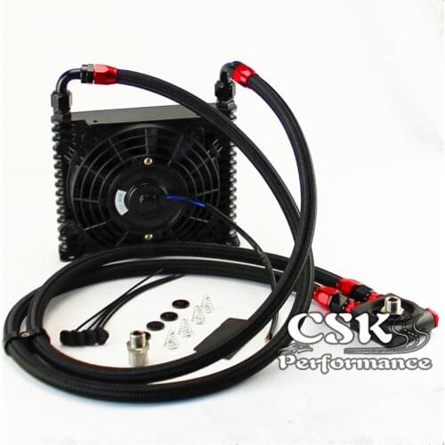 10AN 32MM 15 Rows Universal Engine Oil Cooler+73 degree Thermostat Sandwich Plate kit +7" Electric Fan Black
