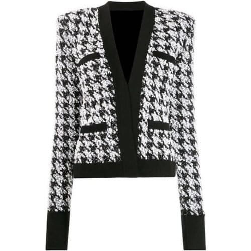 HIGH STREET 2020 Baroque Designer Jacket Womens Shawl Collar Shimmer Houndstooth Tweed Jacket