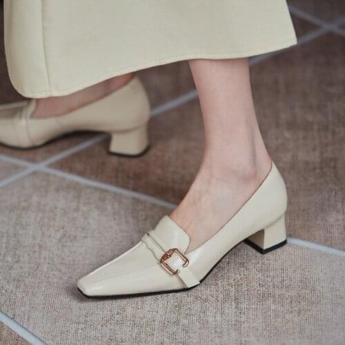 Osunlina 2021 New Woman Pumps Square Toe 4cm High Heels Genuine Leather Concise Work Lady Shallow Slip On Quality Shoes Handmade