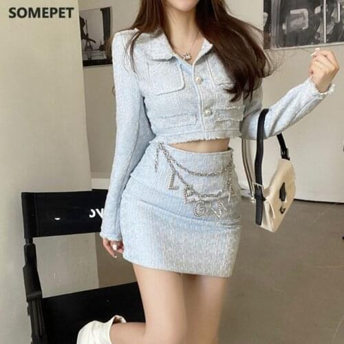 2021 New Spring Autumn Womens 2-Piece Sets Short Lapel Tweed Jacket + High Waist Bag Hip mini Skirt Female 2PCS Suit