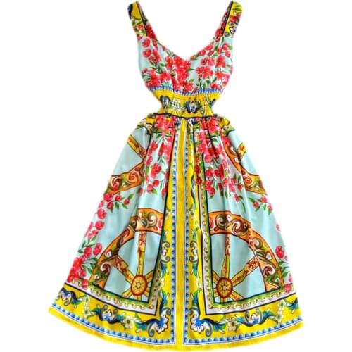New Summer Women Sexy V-Neck Strap Dress High Quality Sweet Flowers Retro Print Big Hem Slim Beach Vacation Dress