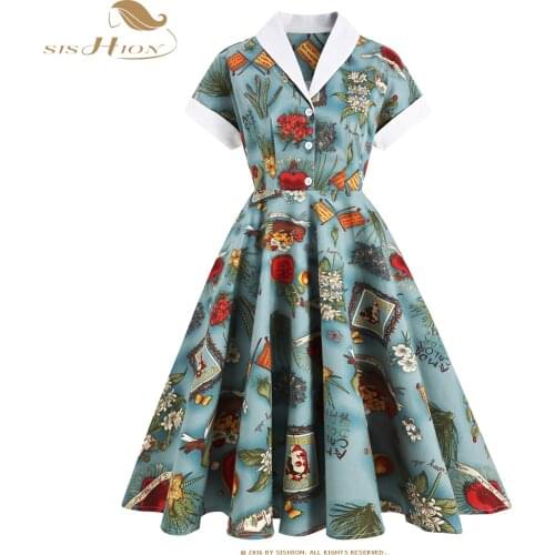 SISHION Short Sleeve 50s 60s Retro Rockabilly Vintage Dress VD2105 Cotton Summer Floral Print Women Dress