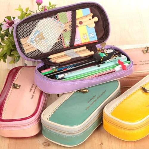 1PC Fashion Style Girl PU Leather School Pencil Case for Two Color Stitching Pen Bag Stationery Pouch School Office Supply