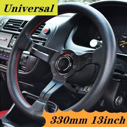 330mm 13inch Black Color Spoke Deep Dish Leather Tuning Drifting Racing Steering Wheel Red Line