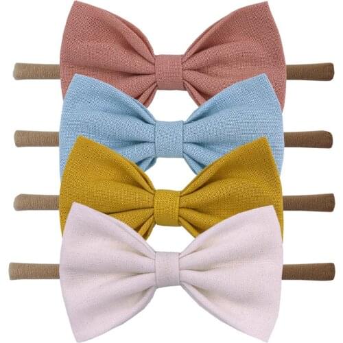 4 PCS Cotton Linen Fabric Bow Headbands for Baby Girls Kids Hair Bows Soft Hair Bands Accessories Headwear