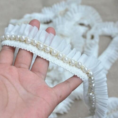 5Yards White Chiffon Beaded Lace Trim Diy Handmade Wedding Dress Clothes Accessory Decoration Pearl Lace Fabric 3.5cm Wide