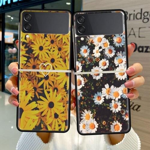 Black Hard Case For Samsung Galaxy Z Flip 3 5G Luxury PC Shockproof Phone Cover ZFlip 3 Bumper Fundas Sunflower In Summer Coque
