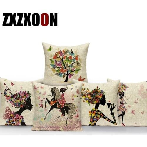 Decorative Throw Pillows Case Flower Fairy Girl Butterfly Tree Polyester Seat Cushion Cover for Sofa Almofadas Pillowcase