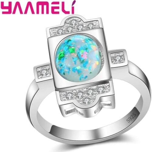 Man Women Finger Rings Square Light Blue Opal Crystal Cubic Zirconia Jewelry 925 Sterling Silver Present Anniversaries