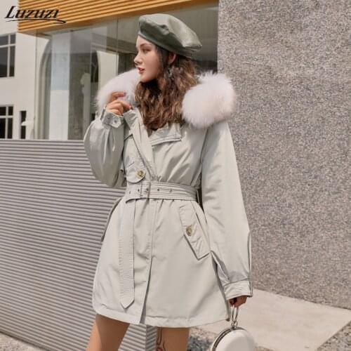 Luzuzi Winter Jacket Women Large Natural Fox Fur White Duck Down Coat Thick Parkas Warm Sash Tie Up Zipper Down Snow Outerwear