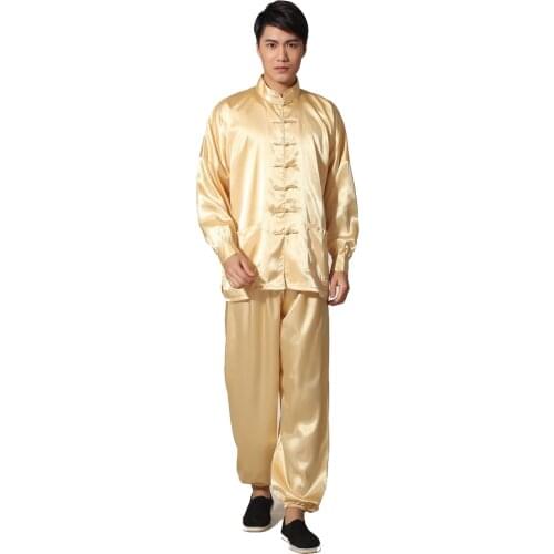 Novelty Gold Mens Satin Pajamas Set Chinese Style Button Pyjamas Suit Soft Sleepwear Shirt&Trousers Nightgown M L XL XXL