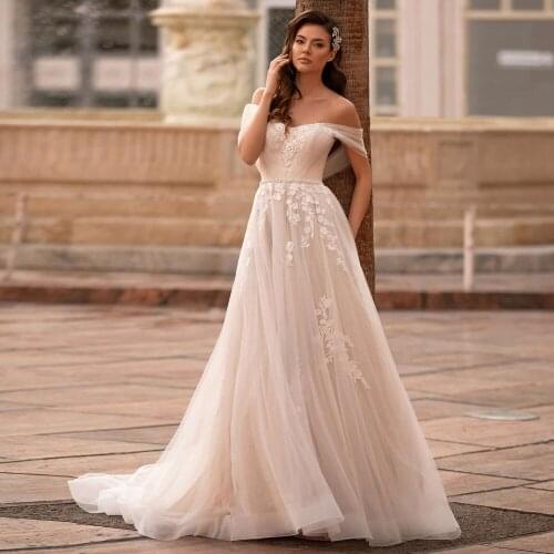 Charming Off-the-shoulder Lace Wedding Gown with Pearls Sweep Train Appliqued Bridal Dress Customized Vestido de Novia