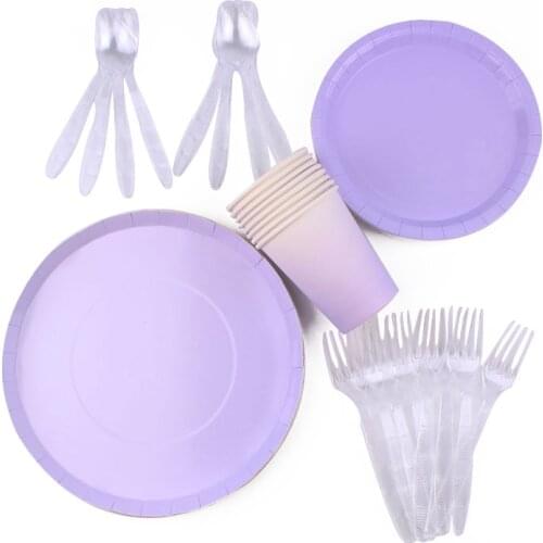 40Pc/Set Round Shape Pure Purple Theme Disposable Tableware Birthday Decoration Baby Shower Cups Forks Tablecloth Party Supplies
