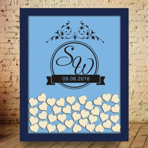 Custom Wooden Frame Wedding Guest Book Alternatives Sign In 3D Heart Drop Box, Personalized Initials and Date Decal Guest Book