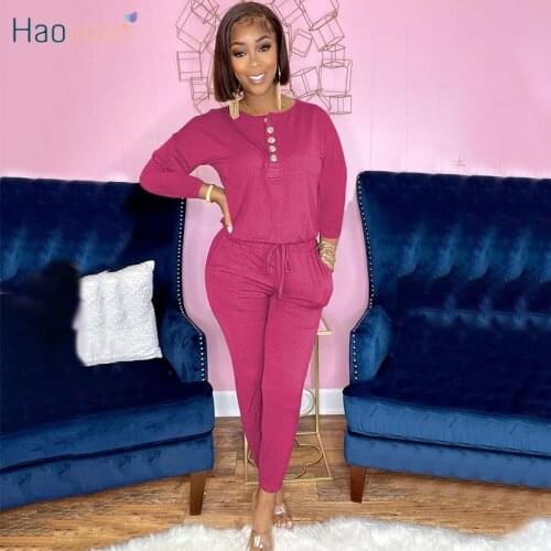 HAOYUAN Casual Two Piece Set Button Long Sleeve Tops Lace Up Sweatpants Fall Winter Outfits Tracksuit Women Lounge Matching Sets