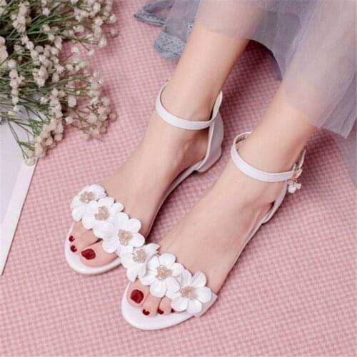 PXELENA Summer Cute Flower Crystal Girls Low Heels Sandals White Beige Pink Ankle Strap Party School Dance Shoes Plus Size 34-43