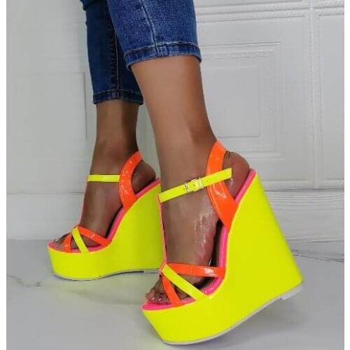 Hot Woman Fluorescence Yellow Orange Pink Patchwork Sandals Super High Heels Buckle Strap Platform Casual Wedge Sandals Shoes