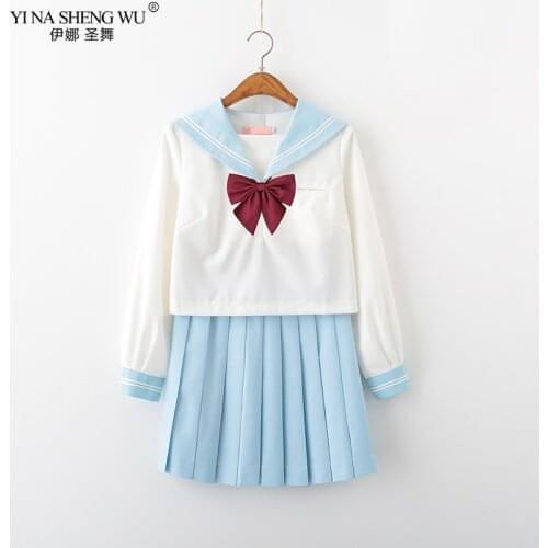 Japanese School Uniform Top Pleated Skirt JK Uniform Sailor Suit Students Long Sleeve Anime Cosplay Girls Female Light Pink Blue