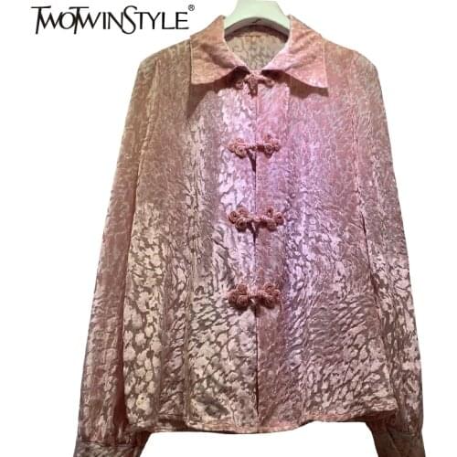 TWOTWINSTYLE Vintage Print Colorblock Straight Shirt Female Lapel Long Sleeve Loose Fashion Blouse For Women Autumn Style Clothe