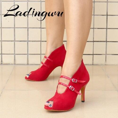 Ladingwu Latin Dance Shoes Salsa laties Dance Short Boots Red Suede Professional Ballroom Dance Shoes Hot Sell Indoor Dance Shoe