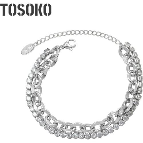 TOSOKO Stainless Steel Jewelry Double Layer Exaggerated Chain Irregular Bracelet Womens Fashion Zircon Bracelet BSE279