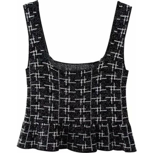 2021 summer women fashion za knitted tank tops chic lady plaid shining ruffles short tops female vinatge knit tank tops femme