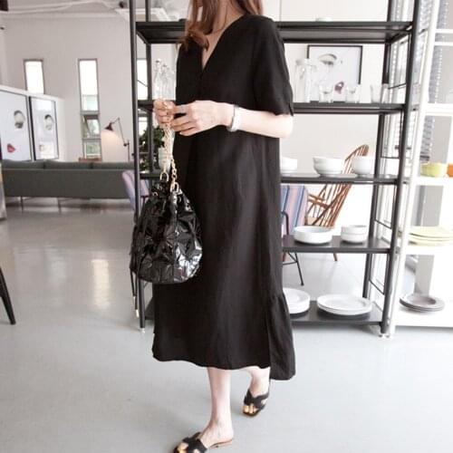 Women Summer Loose Vintage Linen Long Dress Sexy V Neck Black Short Sleeve Loose Waistline Maxi Sundress