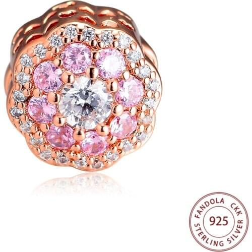 100% 925 Sterling Silver Rose Pink Sparkling Flower Charms Fits Original Bracelet Beads for Jewelry Making Berloques