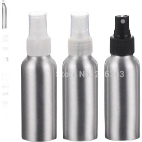 100pcs 100ml Aluminium bottle metal bottle with white/transparent/black sprayer pump