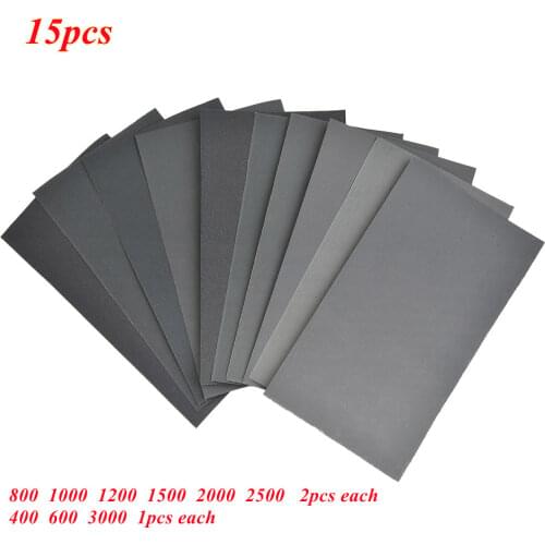 15pcs Set Wet Sandpaper 400 600 3000 800 1000 1200 1500 2000 2500 Grit Sanding Paper Water/Dry Abrasive Sand Papers Rust Removal