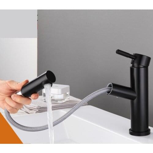 304 Stainless Steel Black Basin Pull Faucet Single Hole Hot And Cold Rotary Bathroom Washbasin