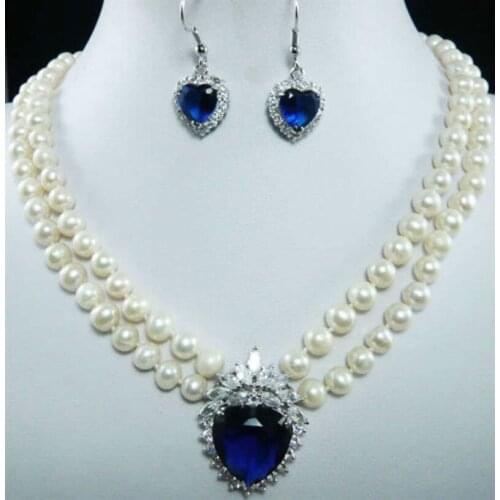 Free P&P****7-8mm Natural White Pearl Blue Crystal Pendant Necklace + Earrings Set