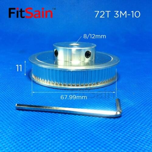 FitSain-3M 72T Synchronous Wheel Width 10mm Aluminum Alloy Pulley Timing Belt Middle Hole 8/12mm