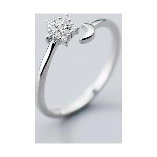 2020 New Cute Women S925 Sterling Silver Rings Open-Ended Silver Moon Star Wedding Rings for Women Girl Party Jewelry Gift