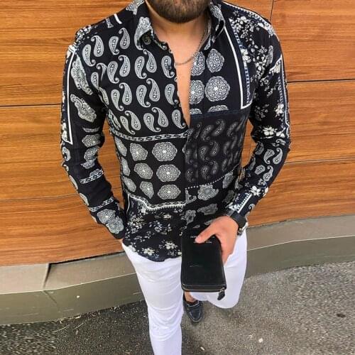 Mens Turn-Down Collar Shirt Streetwear 2021 Autumn New Vintage Lion Print Long Sleeve Slim Shirts for Men Fashion Buttoned Tops