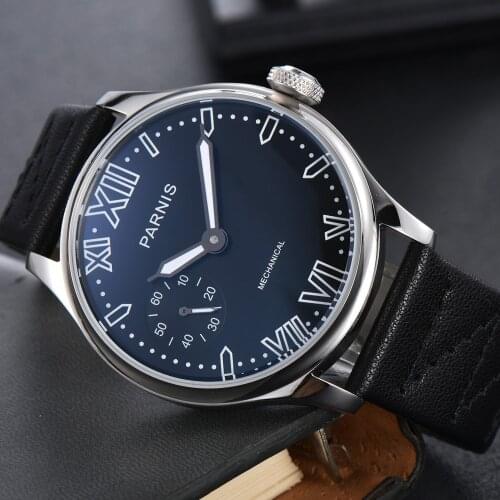Parnis 44mm Black Dial Mechanical Mens Watch ST3600 Hand Winding Movement Leather Band Round Case Male Wristwatch