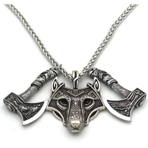 Mens 2020 Retro Viking Vintage Myth Wolf Head and Axe Amulet Metal Pendant Necklace Trendy Classic Punk Style Choker