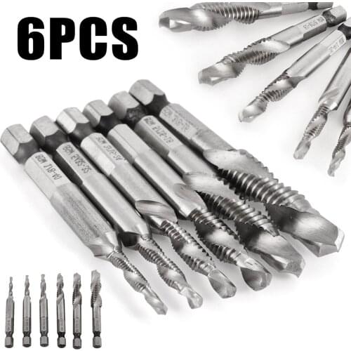6Pcs Drill Tap Bits 1/8" 5/32" 3/16" 1/4" 5/16" 3/8" HSS Combination Drill Tap Bit Hex Shank Deburr Countersink Set