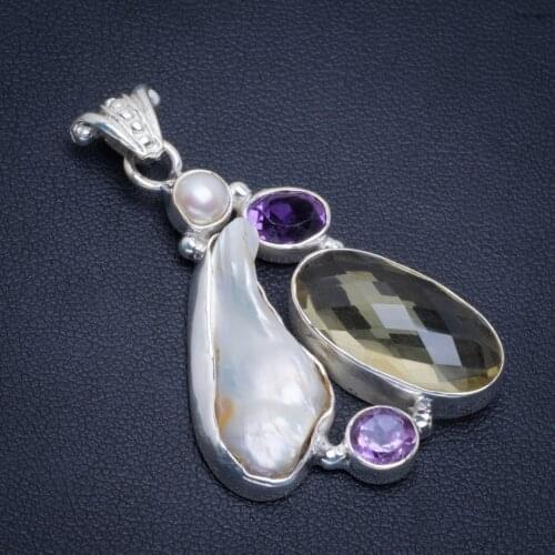 Natural Biwa Pearl,Citrine and Amethyst Handmade Unique 925 Sterling Silver Pendant 1.75" B3335