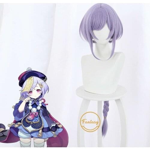 Game Genshin Impact Cosplay Wigs Qiqi Cryo Cosplay Wig Synthetic Wig Purple Hair + Free Wig Cap