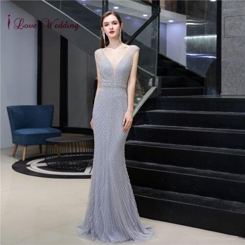 Elegant Women Evening Dress 2020 Sexy Deep V-Neck Crystal Party Dress Floor Length Open Back Mermaid Dress Vestido De Festa