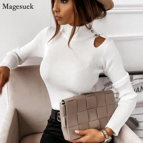 New Autumn Winter Long Sleeve Pullover Women Sweater Button Sexy Knitted Sweater Solid Jumper Turtleneck Sweaters Knitwear 12599