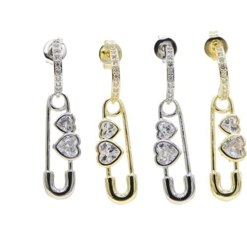 2020 summer new arrived untique trendy women jewelry heart shaped clear cz safety pin dangle earrings for lover girlfriend gift